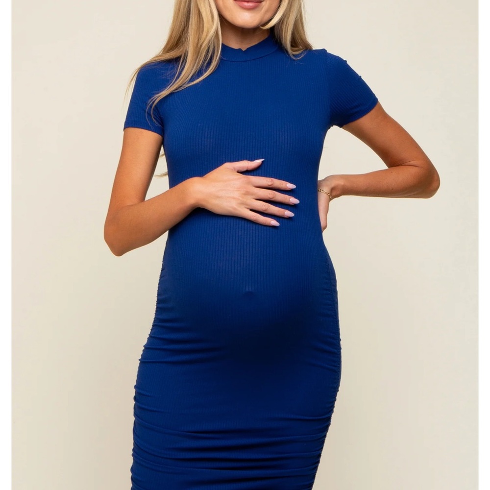 Pinkblush Blue Bodycon Midi Dress Mock Neck MATERNITY